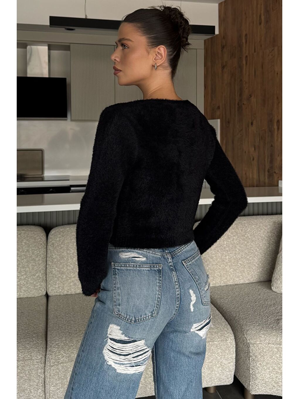 Siyah Şardonlu Kadın Crop Top Triko Hırka (s,m,l,xl Uyumludur)-3