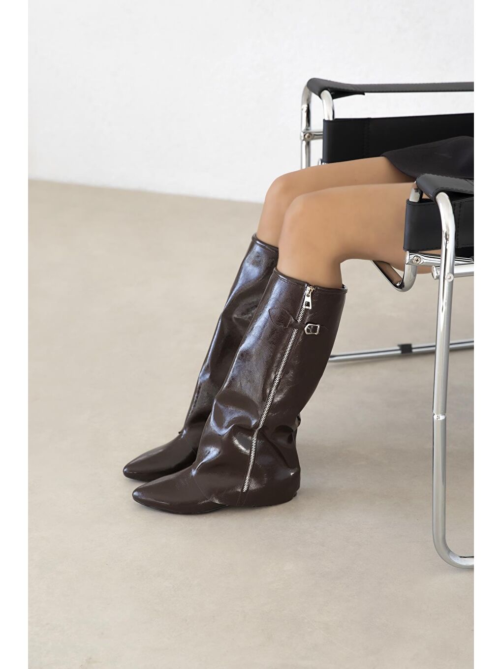 Kahverengi Lotus Kadın  Fermuar Detay  Deri  Çizme Kahve-1