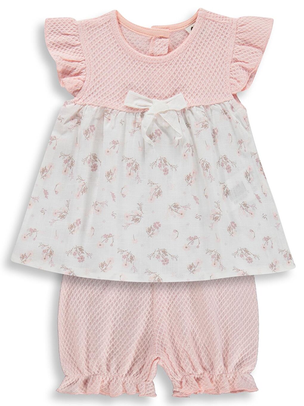 Pembe Baby Kol Fırfırlı Çiçek Baskılı 6-18 Ay Takım - Pudra