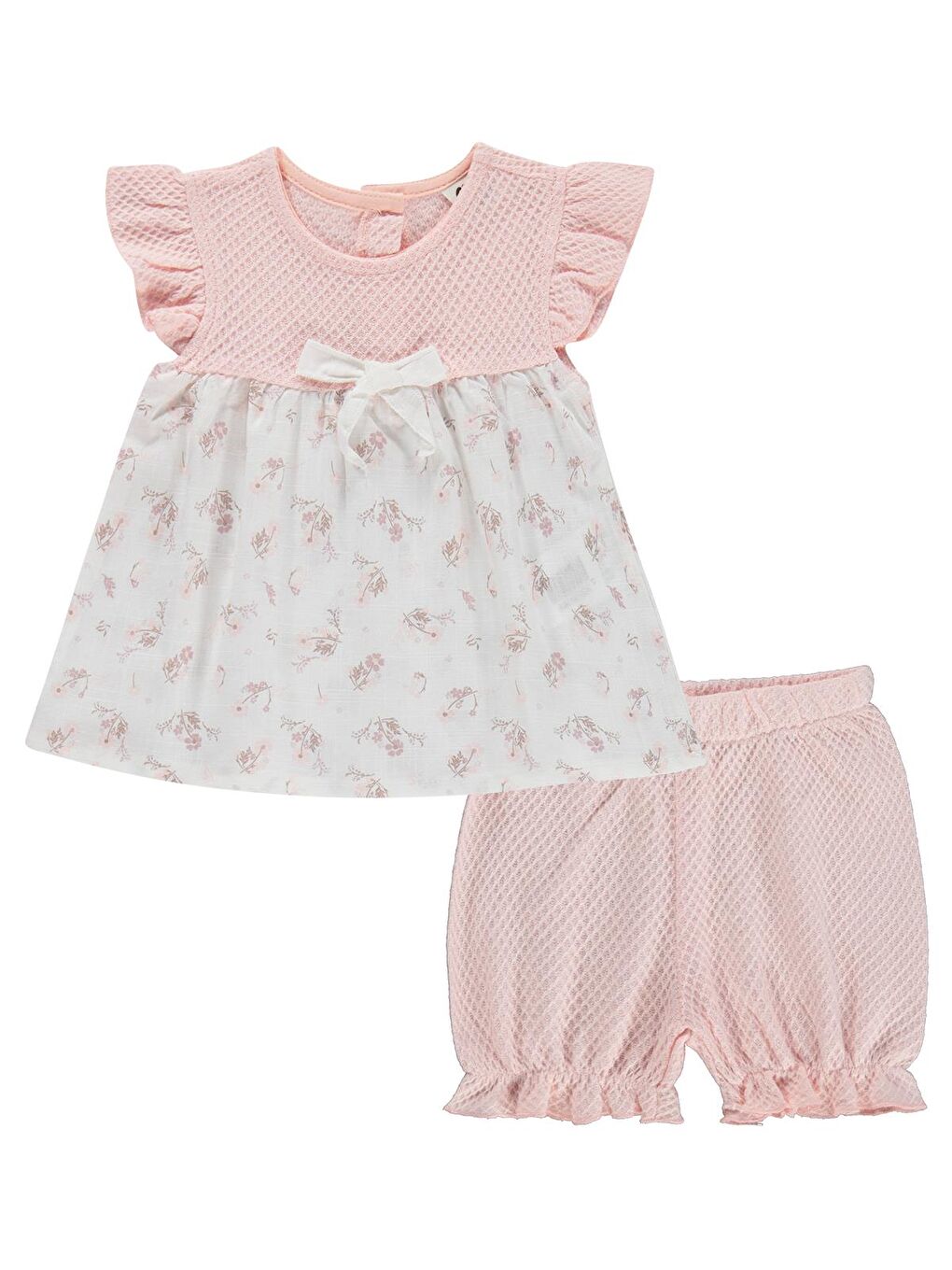 Pembe Baby Kol Fırfırlı Çiçek Baskılı 6-18 Ay Takım - Pudra-1
