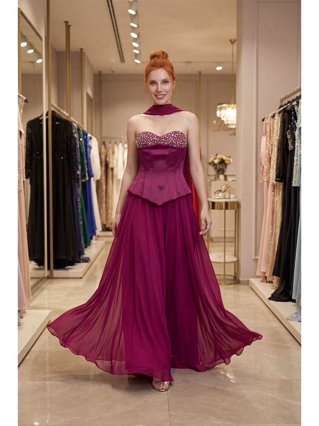 Kadın Bordo Straplez Yaka Taşlı Peplum Detay Uzun Abiye Elbise-4