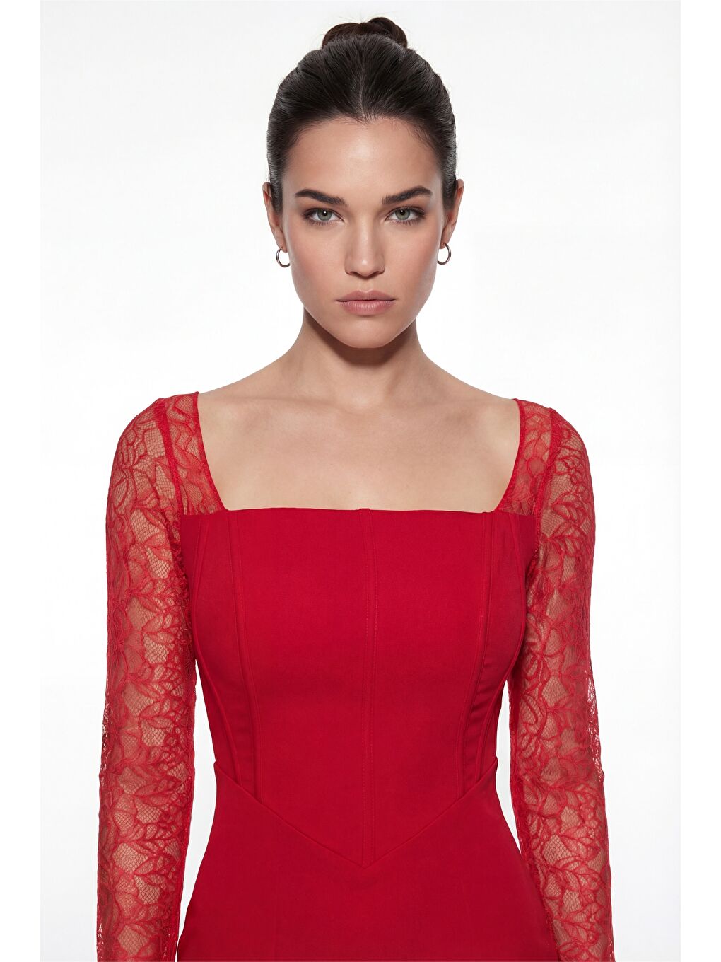 Kadın Kırmızı Kare Yaka Dantelli Uzun Balık Abiye Elbise-2