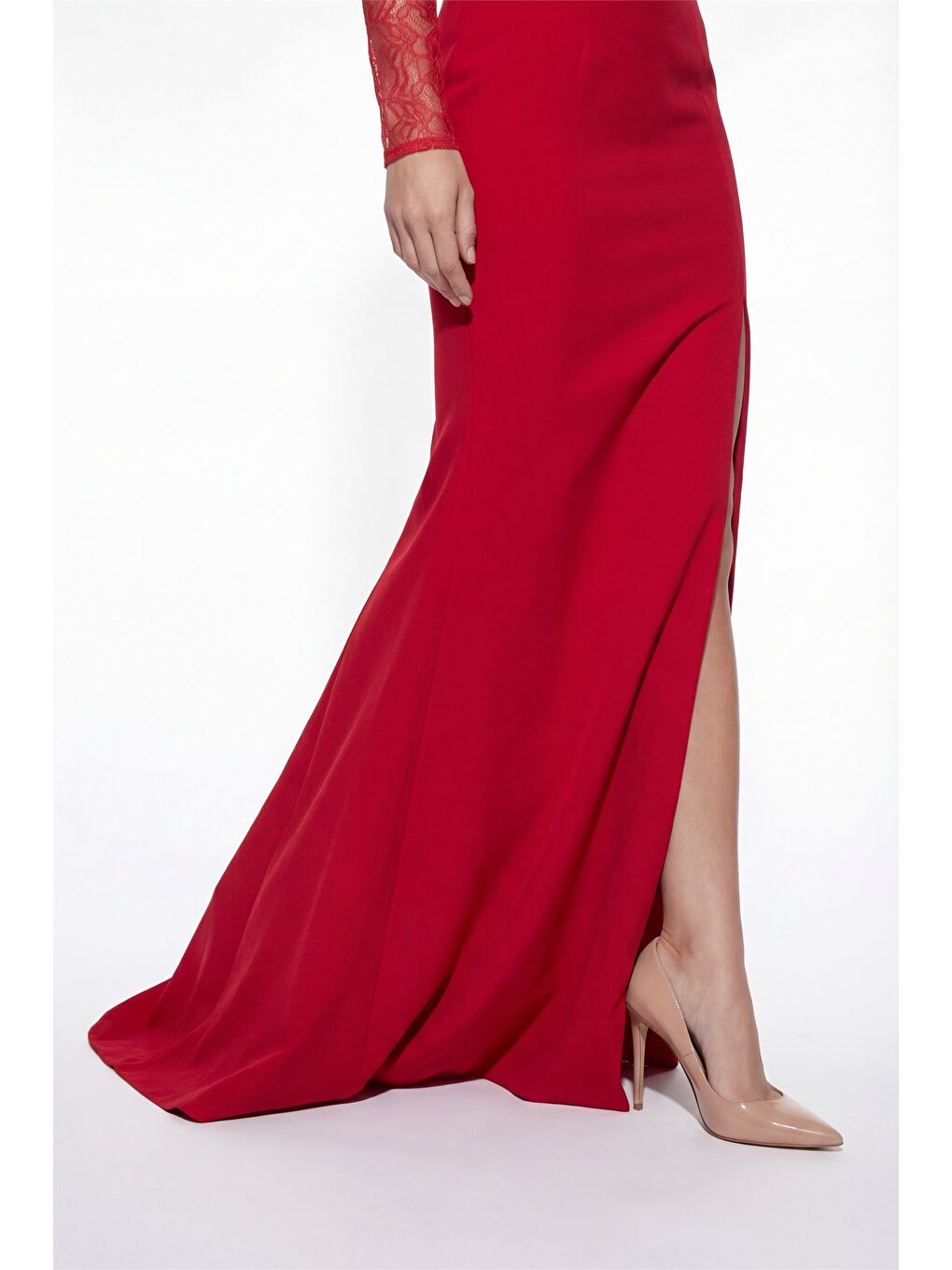 Kadın Kırmızı Kare Yaka Dantelli Uzun Balık Abiye Elbise-3