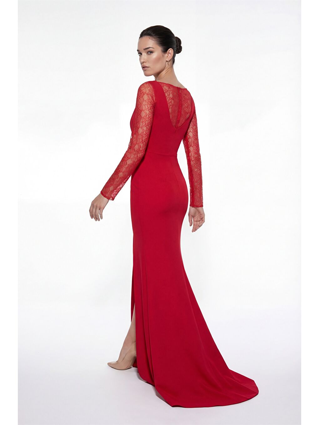 Kadın Kırmızı Kare Yaka Dantelli Uzun Balık Abiye Elbise-5