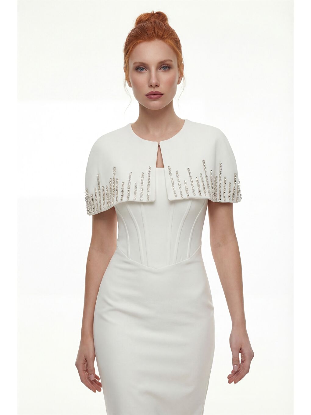 Kadın Beyaz Dar Kalıp Ceketli Taşlı Uzun Söz Nişan Nikah Abiye ELbise-2