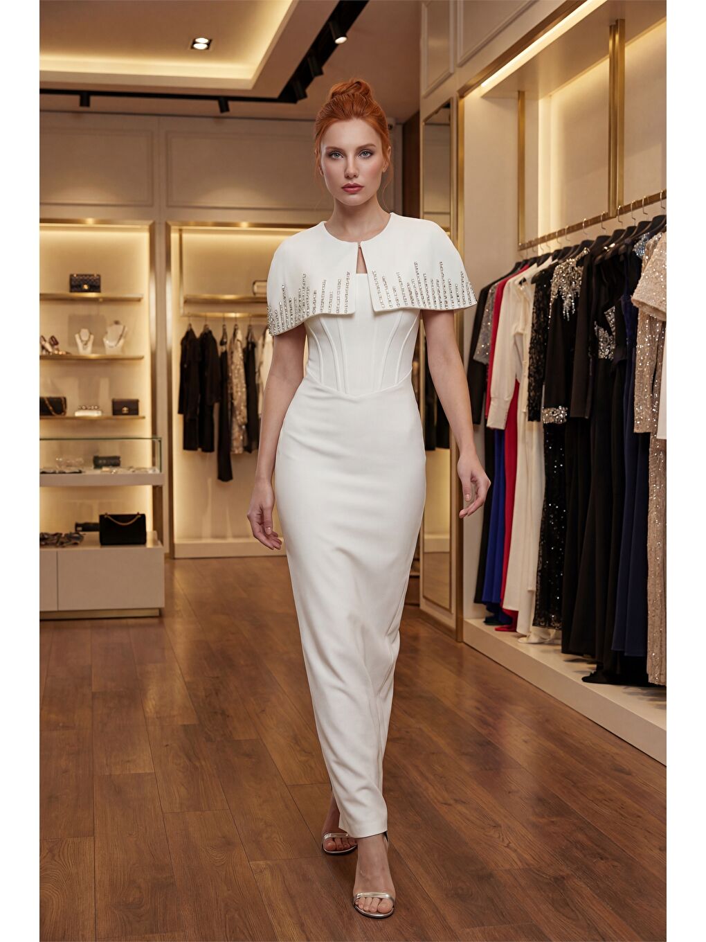 Kadın Beyaz Dar Kalıp Ceketli Taşlı Uzun Söz Nişan Nikah Abiye ELbise-3