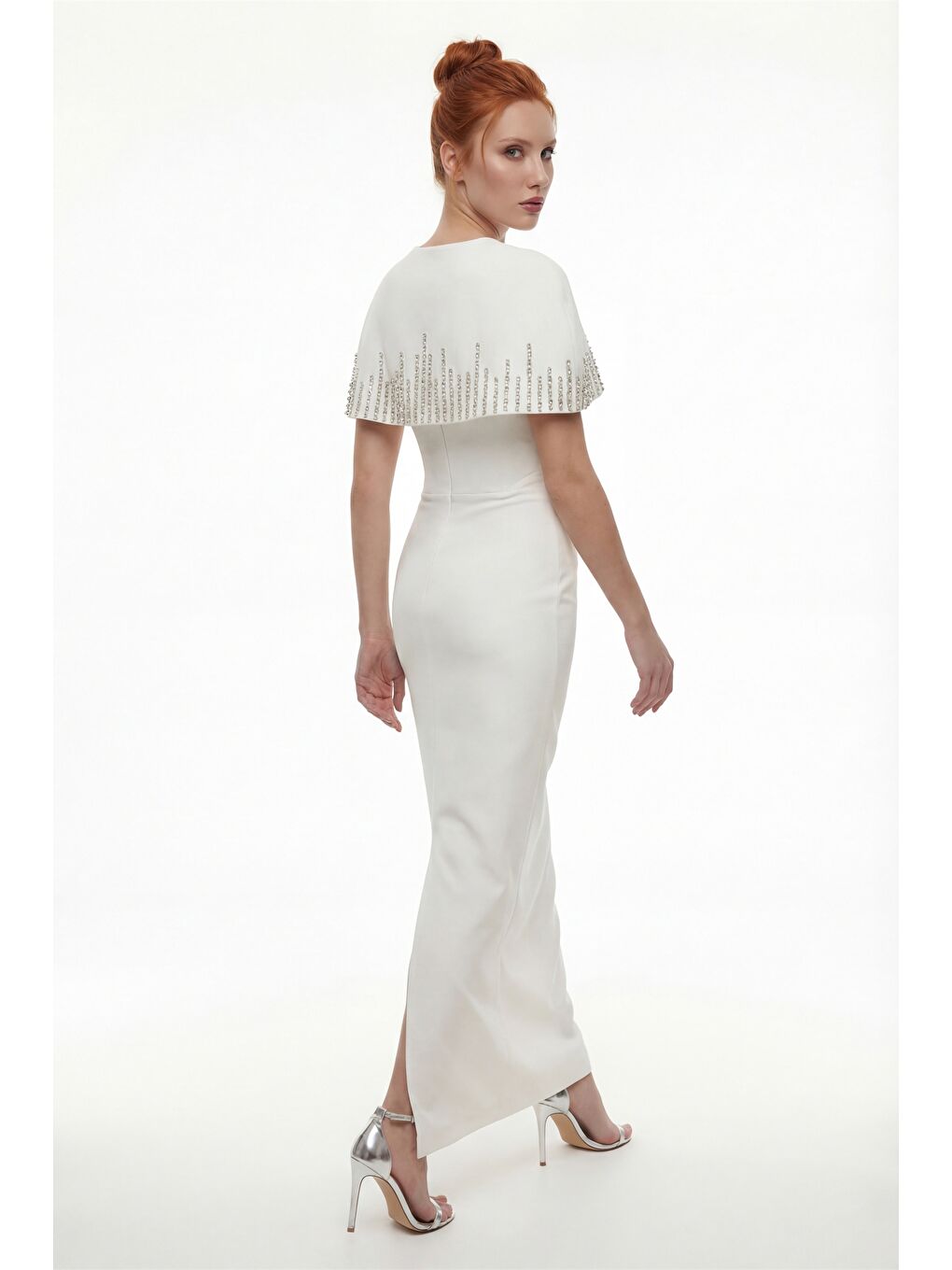 Kadın Beyaz Dar Kalıp Ceketli Taşlı Uzun Söz Nişan Nikah Abiye ELbise-4