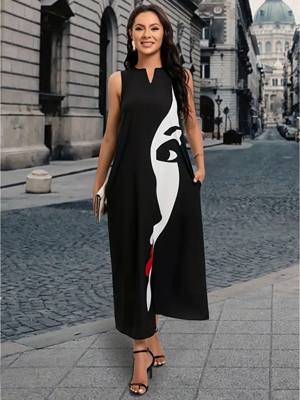 Siyah Kadın Sıfır Kol V Yakalı Kadın Yüz Desenli Süprem Elbise-2