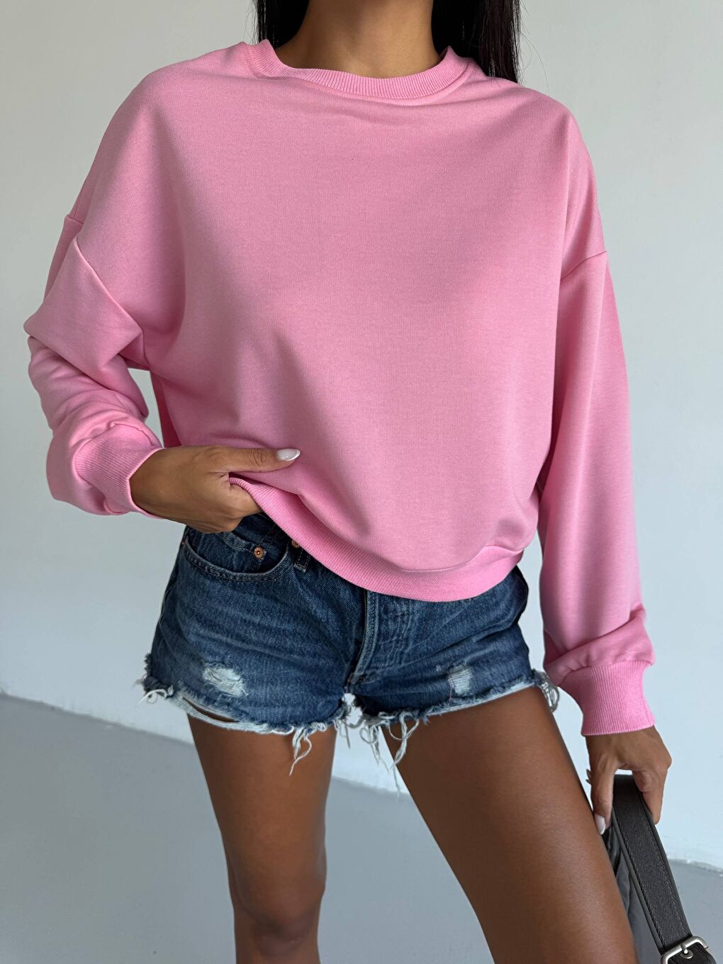 Pembe İki İplik Bisiklet Yaka Sweatshirt-1