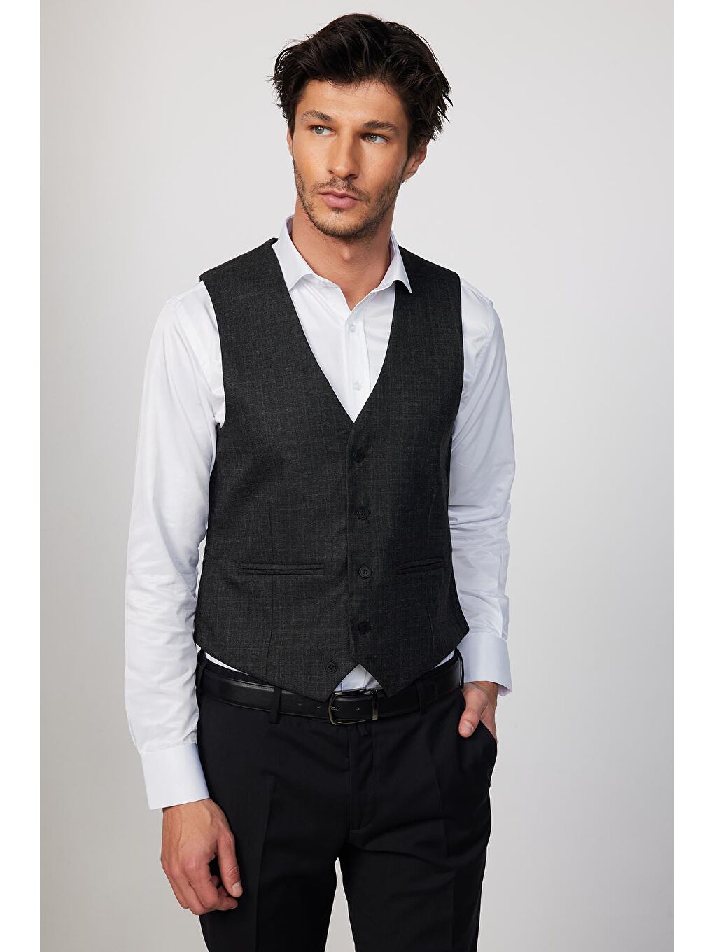 Slim Fit Dar Kesim Fleto Cep 4 Mevsim Siyah Erkek Yelek