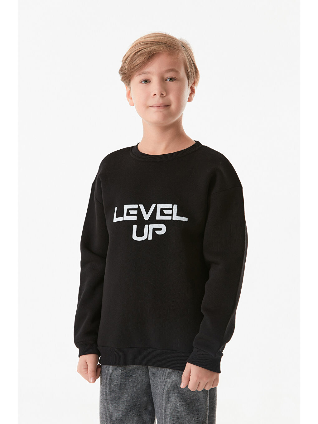 Fullamoda Siyah Level Up Baskılı Bisiklet Yaka Erkek Çocuk Sweatshirt