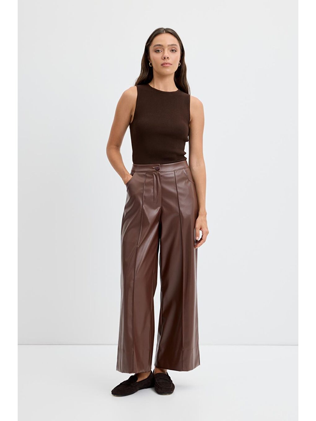 Kahverengi Yüksek Bel Nervür Dikişli Deri Pantolon Kahve-1