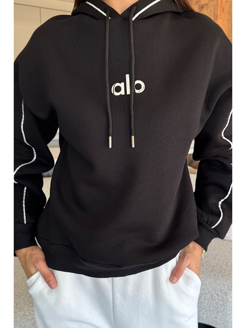 Siyah Kadın Kapüşonlu Baskılı Şardonlu Sweatshirt-2