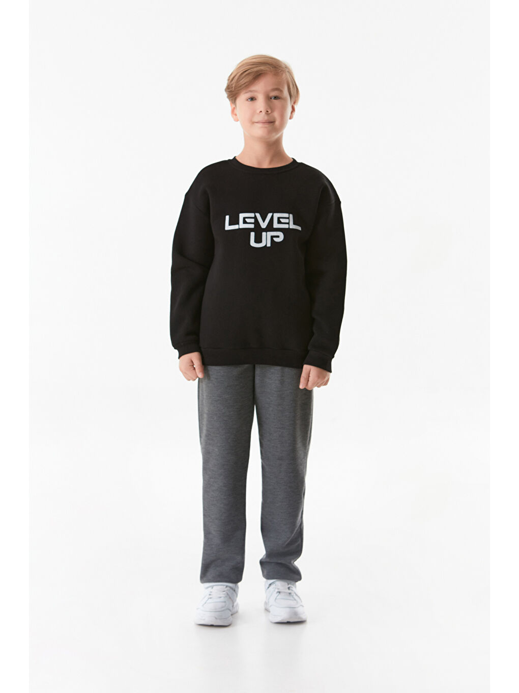 Fullamoda Siyah Level Up Baskılı Bisiklet Yaka Erkek Çocuk Sweatshirt - 1