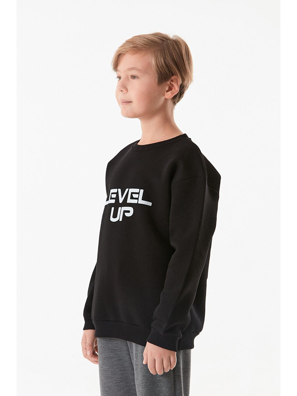 Fullamoda Siyah Level Up Baskılı Bisiklet Yaka Erkek Çocuk Sweatshirt - 3