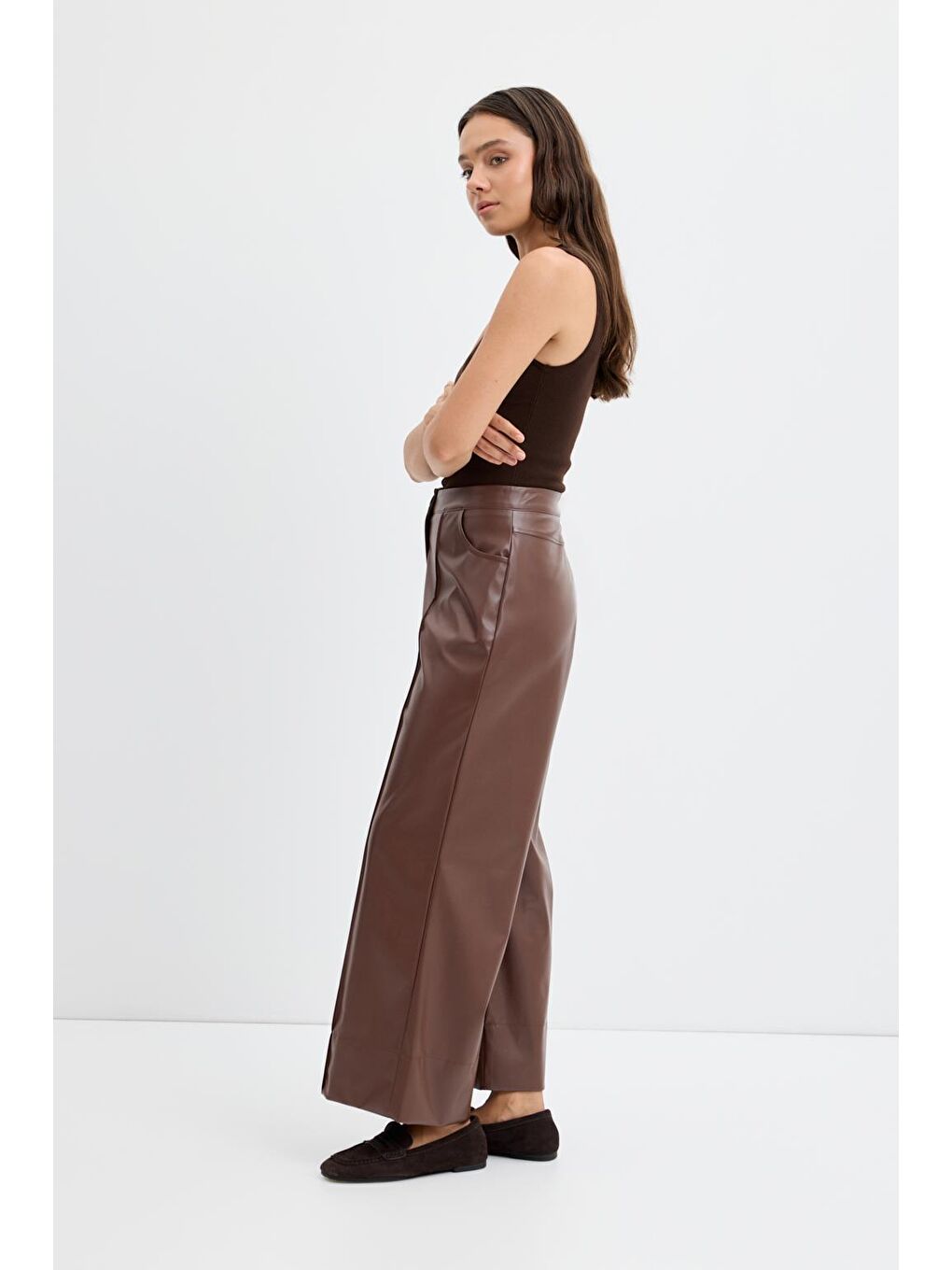 Kahverengi Yüksek Bel Nervür Dikişli Deri Pantolon Kahve-3