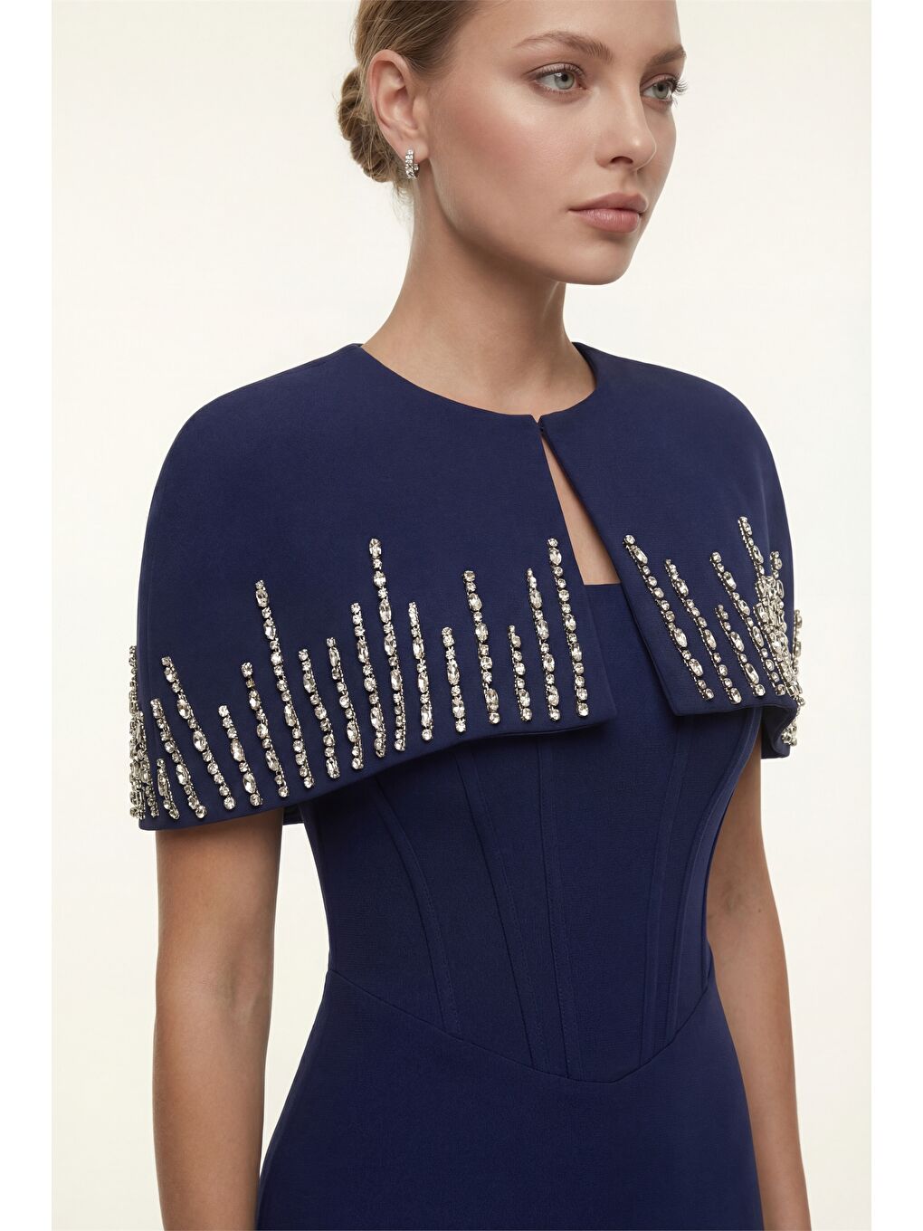 Kadın Lacivert Dar Kalıp Ceketli Taşlı Uzun Söz Nişan Nikah Abiye ELbise-2