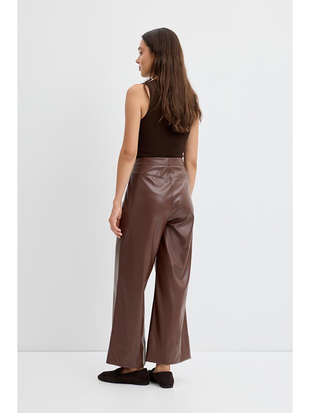 Kahverengi Yüksek Bel Nervür Dikişli Deri Pantolon Kahve-4