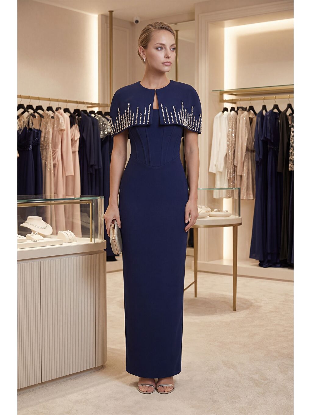 Kadın Lacivert Dar Kalıp Ceketli Taşlı Uzun Söz Nişan Nikah Abiye ELbise-3