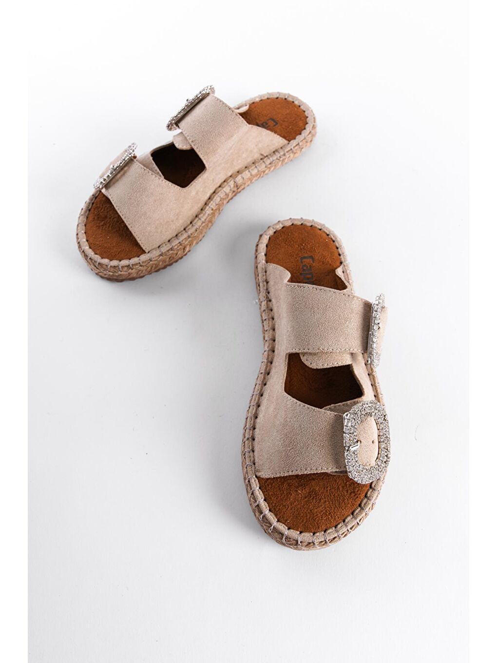 Bej Taşlı Kadın Espadril Terlik-3
