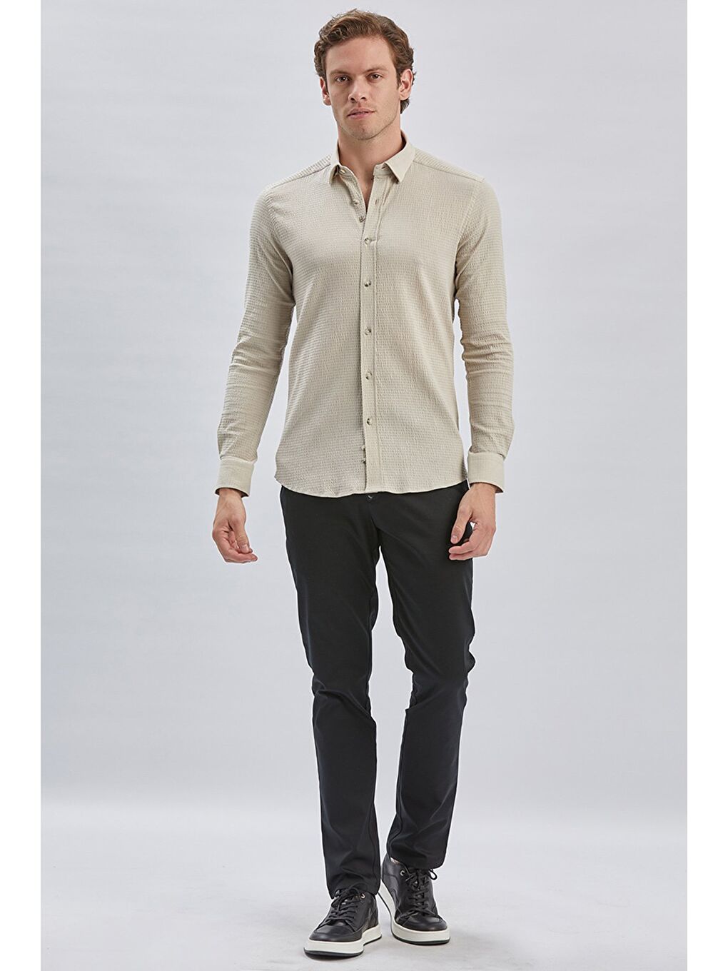 Bej Uzun Kollu Biritli Yaka Biyeli Pamuklu Elastanlı Casual Slim Fit Dar Kesim Gömlek 1004240232