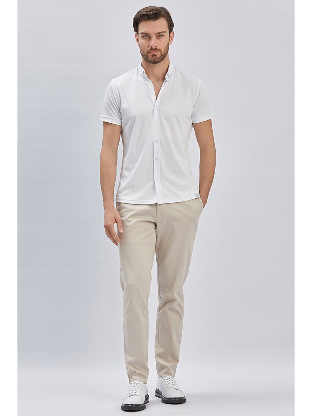 Beyaz Desenli Oxford Polo Yaka Cepli Pamuklu Casual Slim Fit Dar Kesim Büyük Beden Gömlek 1011240178