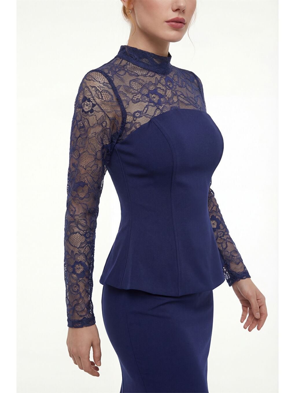 Kadın Lacivert Dantel Detay Uzun Balık Abiye Elbise-2