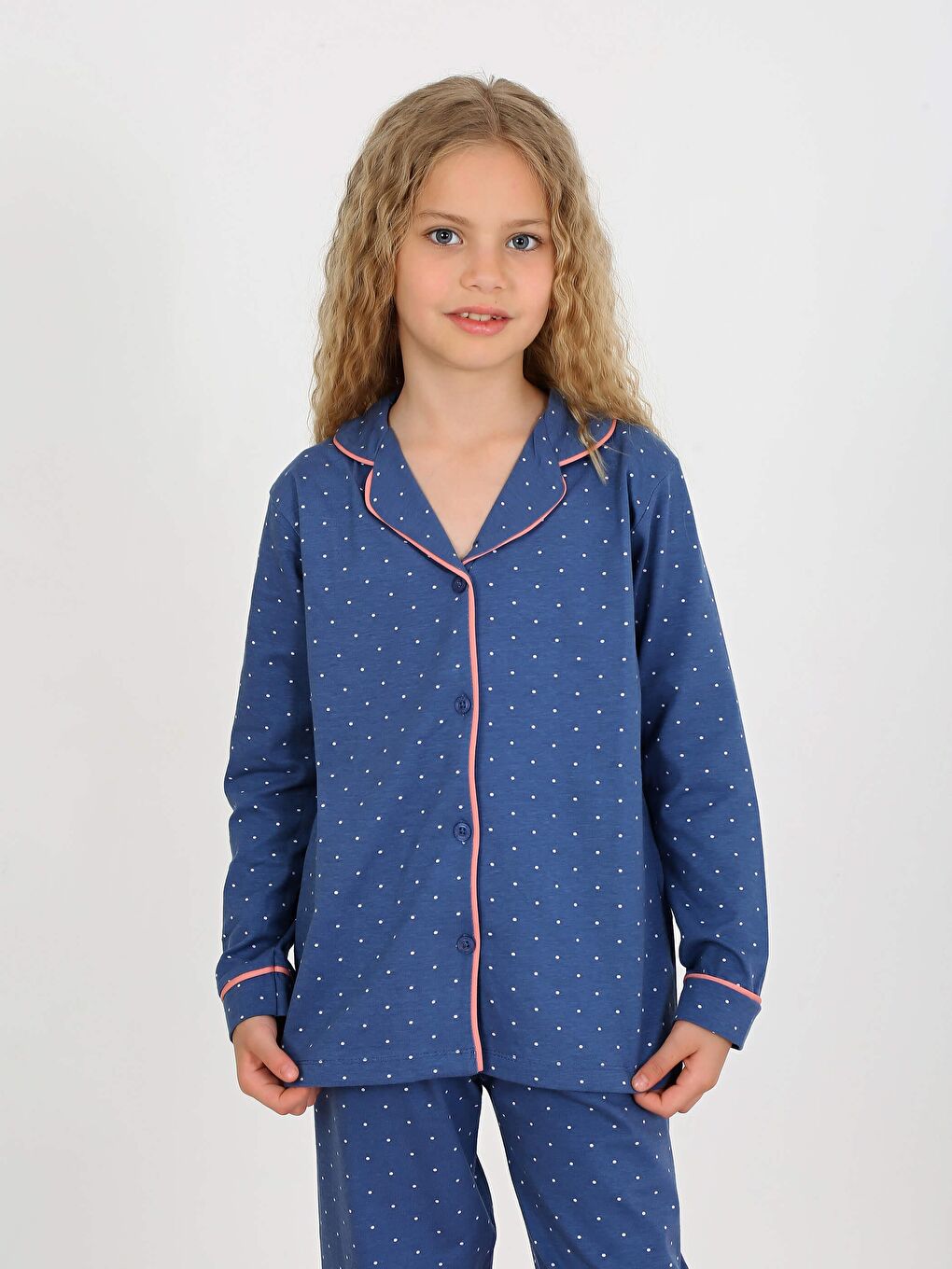 Kız Çocuk Uzun Kollu Düğmeli Pijama Takımı Mini Puanlı Lacivert-1