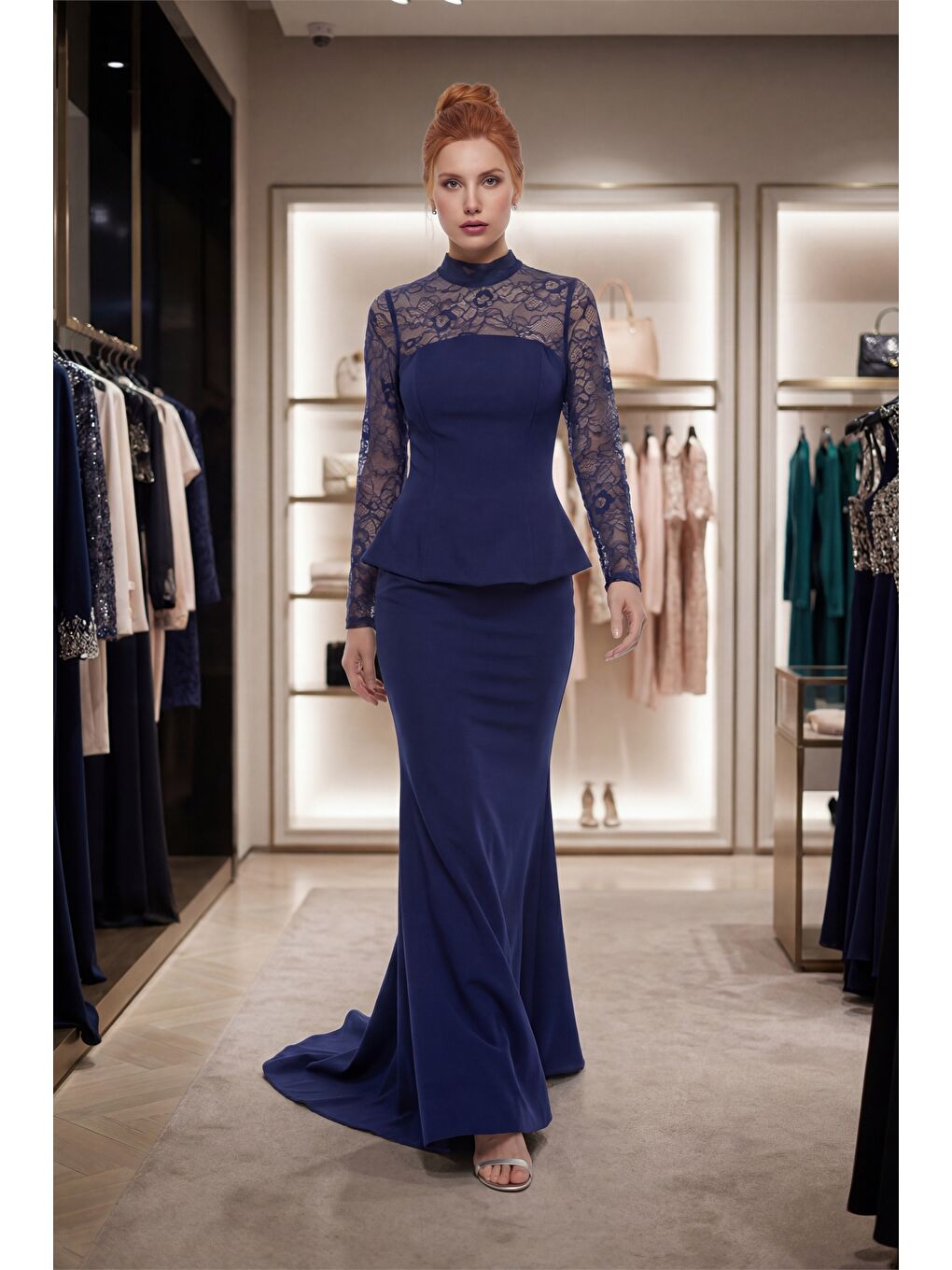 Kadın Lacivert Dantel Detay Uzun Balık Abiye Elbise-4
