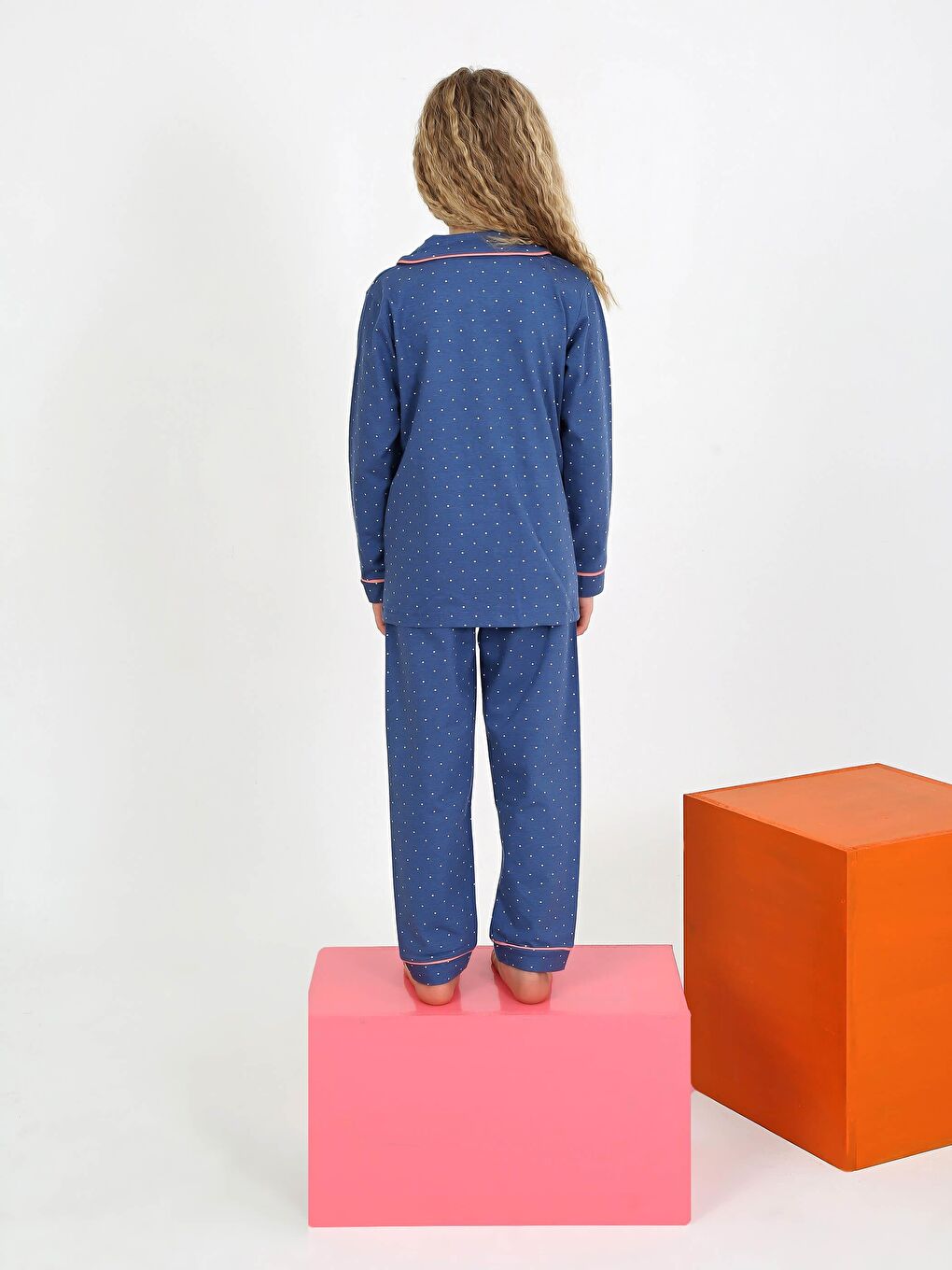 Kız Çocuk Uzun Kollu Düğmeli Pijama Takımı Mini Puanlı Lacivert-3