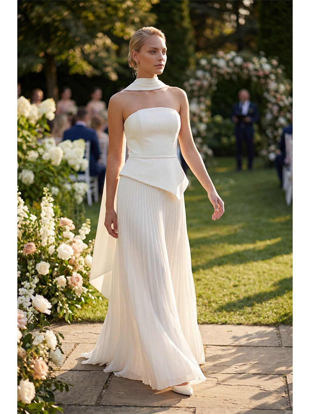 Kadın Beyaz Dar Kalıp Şal Yaka Piliseli Uzun Söz Nişan Nikah Abiye-4