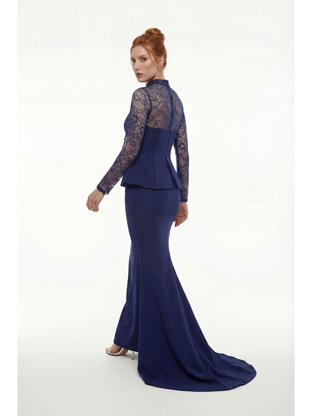 Kadın Lacivert Dantel Detay Uzun Balık Abiye Elbise-5