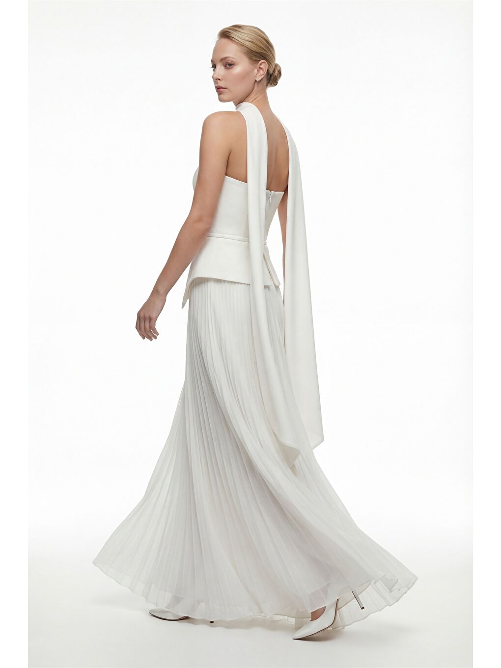 Kadın Beyaz Dar Kalıp Şal Yaka Piliseli Uzun Söz Nişan Nikah Abiye-5