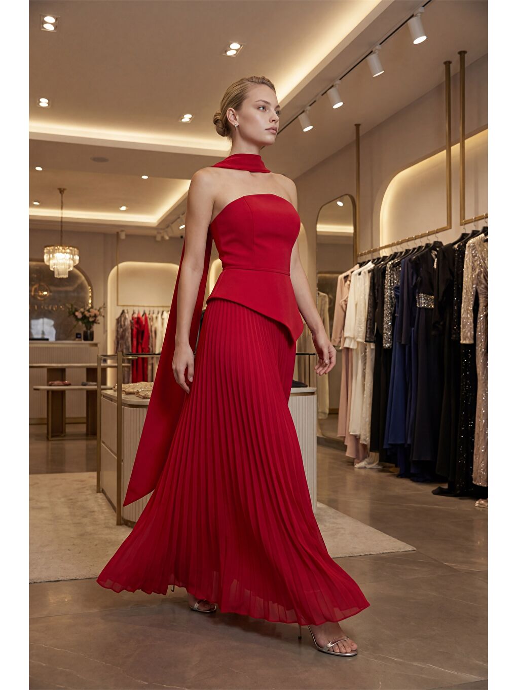 Kadın Kırmızı Dar Kalıp Şal Yaka Piliseli Uzun Söz Nişan Nikah Abiye-4