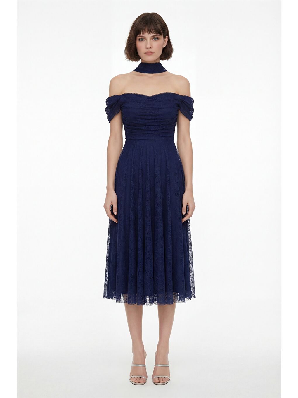 Kadın Lacivert Dar Kalıp Kayık Yaka Dantelli Midi Söz Nişan Nikah Abiye-1