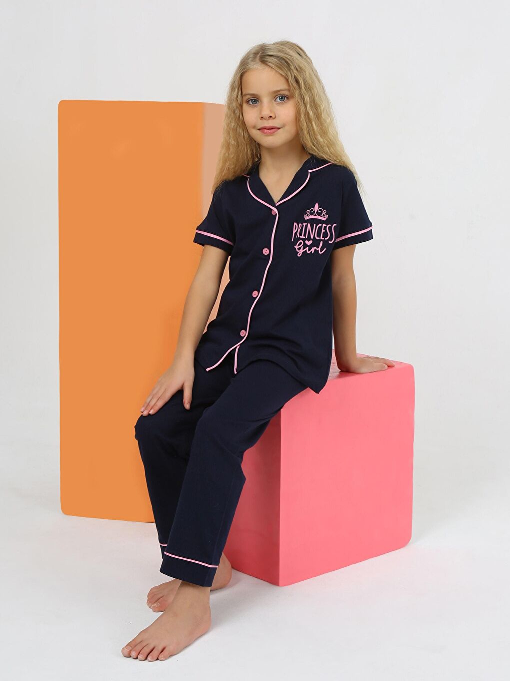 Vitmo Indigo Kız Çocuk Kısa Kollu %100 Pamuklu Düğmeli Pijama Takımı Princess