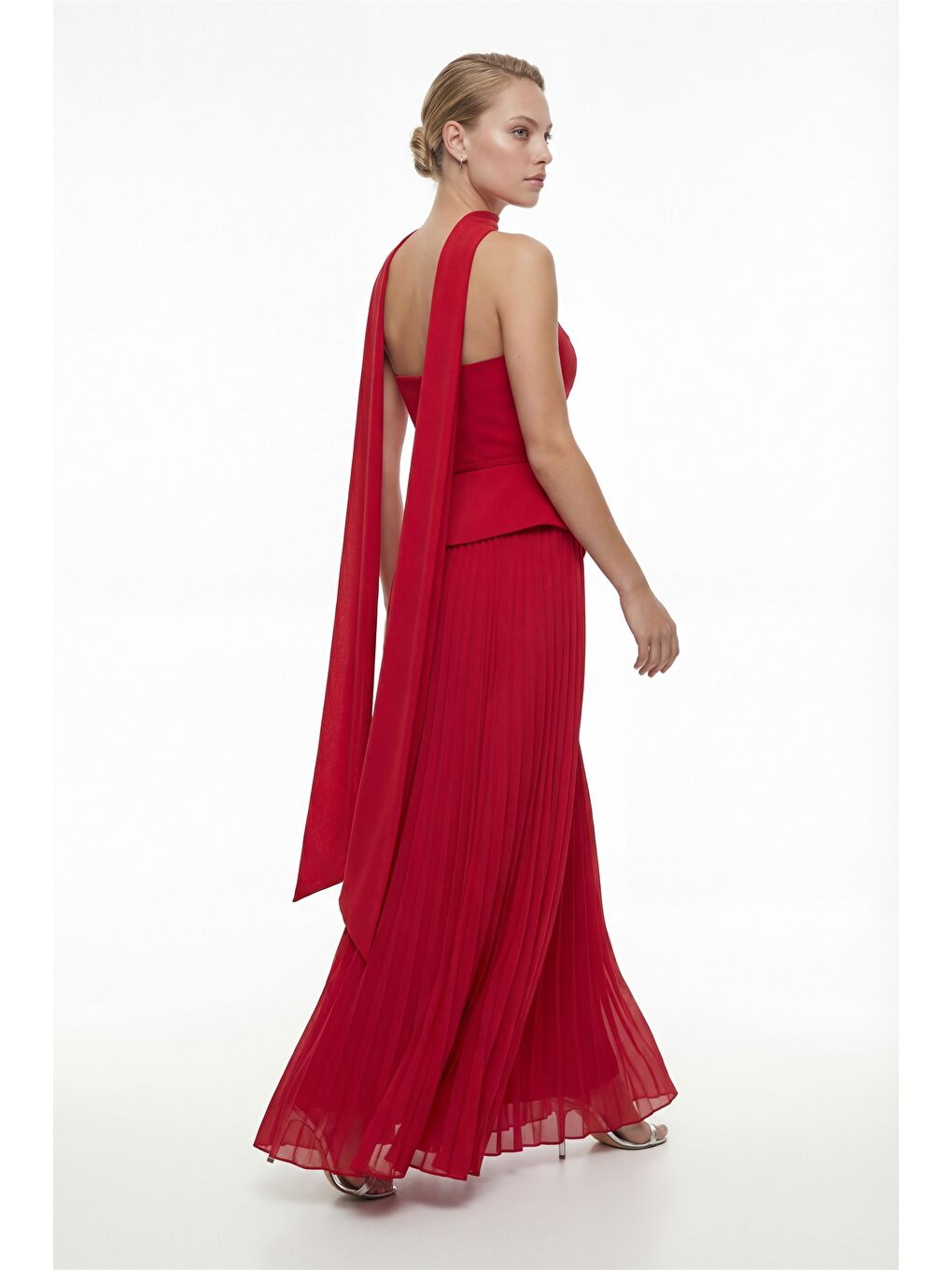 Kadın Kırmızı Dar Kalıp Şal Yaka Piliseli Uzun Söz Nişan Nikah Abiye-5