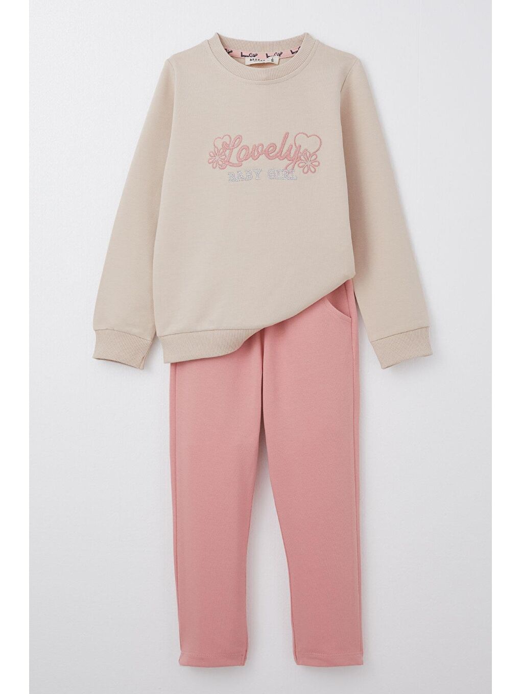 Kız Çocuk Eşofman Takım Sevgi Temalı Yazı Nakışlı Bej (1-3 Yaş)
