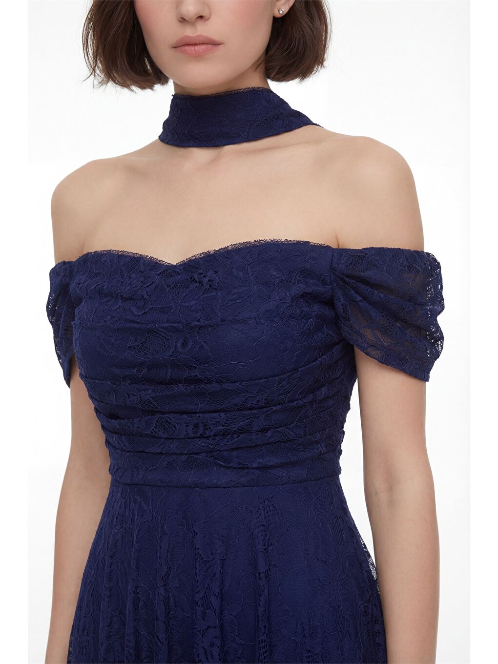 Kadın Lacivert Dar Kalıp Kayık Yaka Dantelli Midi Söz Nişan Nikah Abiye-2