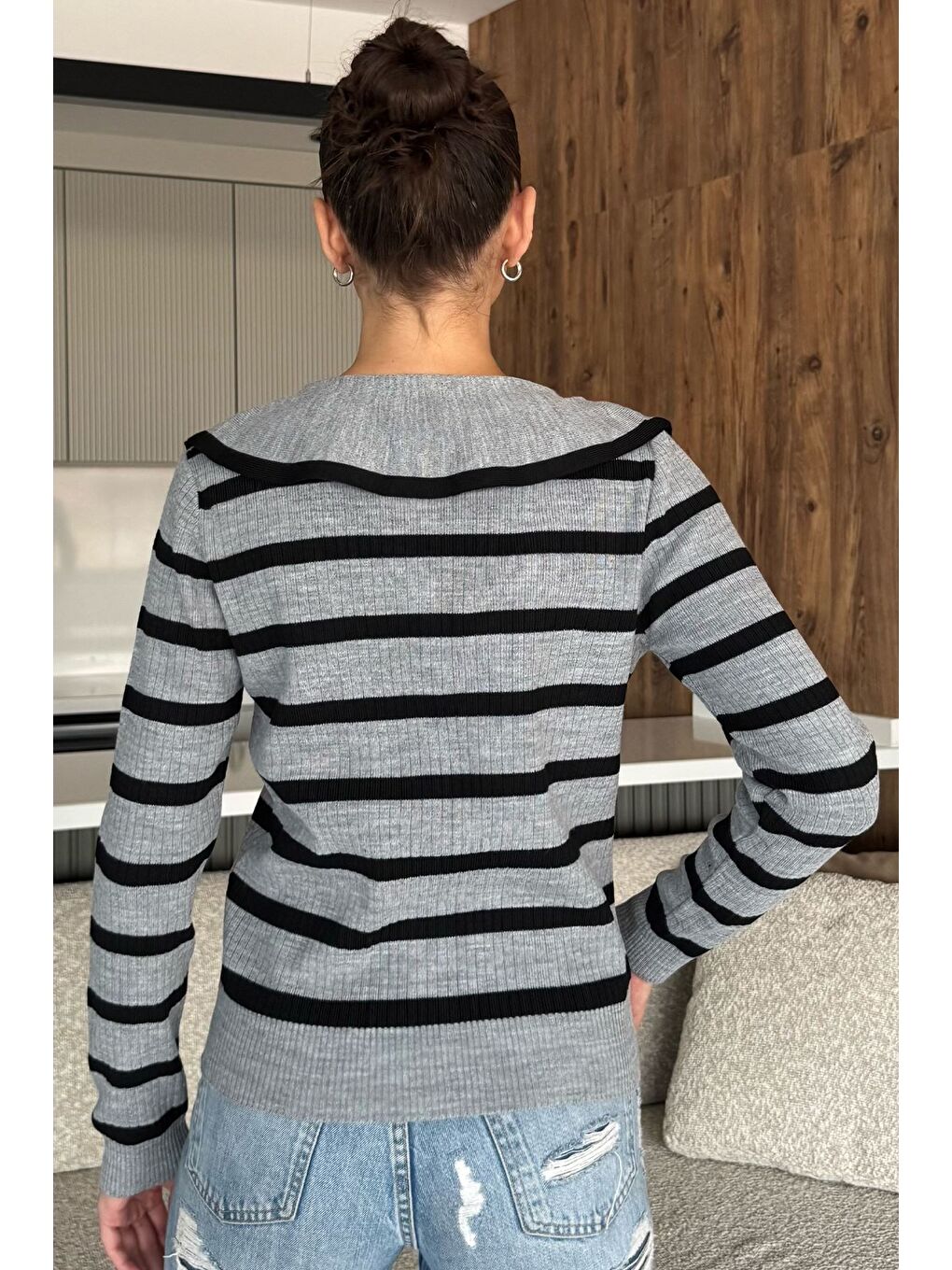 Gri Fiyonklu Sahte Düğmeli Triko Bluz (s,m,l Uyumludur)-3