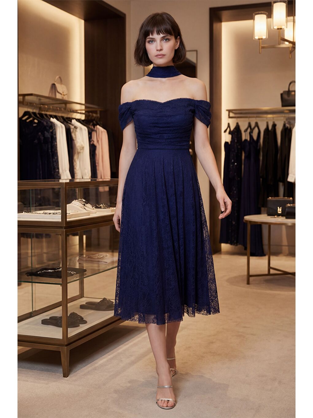 Kadın Lacivert Dar Kalıp Kayık Yaka Dantelli Midi Söz Nişan Nikah Abiye-3