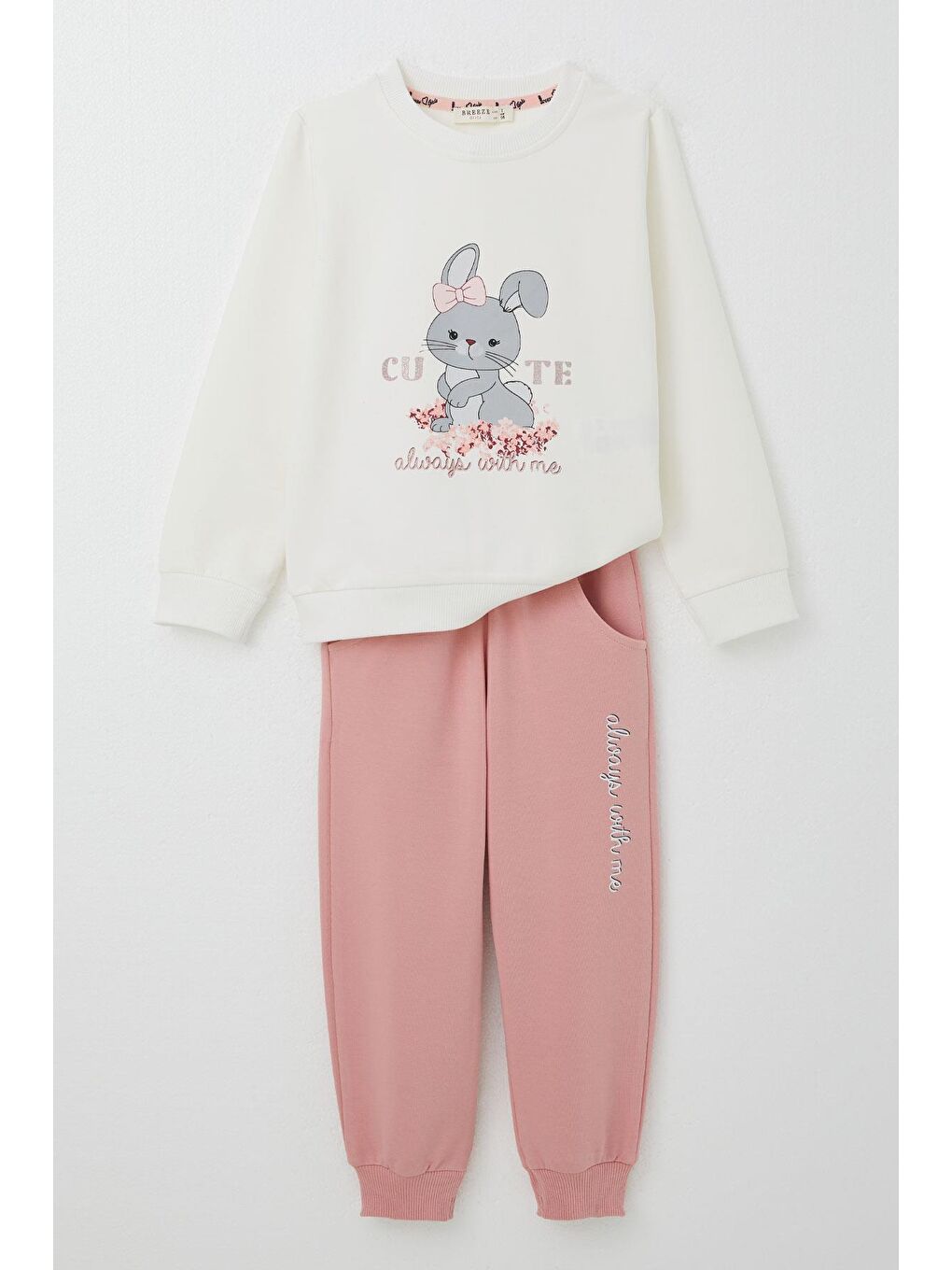 Kız Bebek Eşofman Takım Fiyonklu Havalı Tavşancık Baskılı Ekru (2 Yaş)