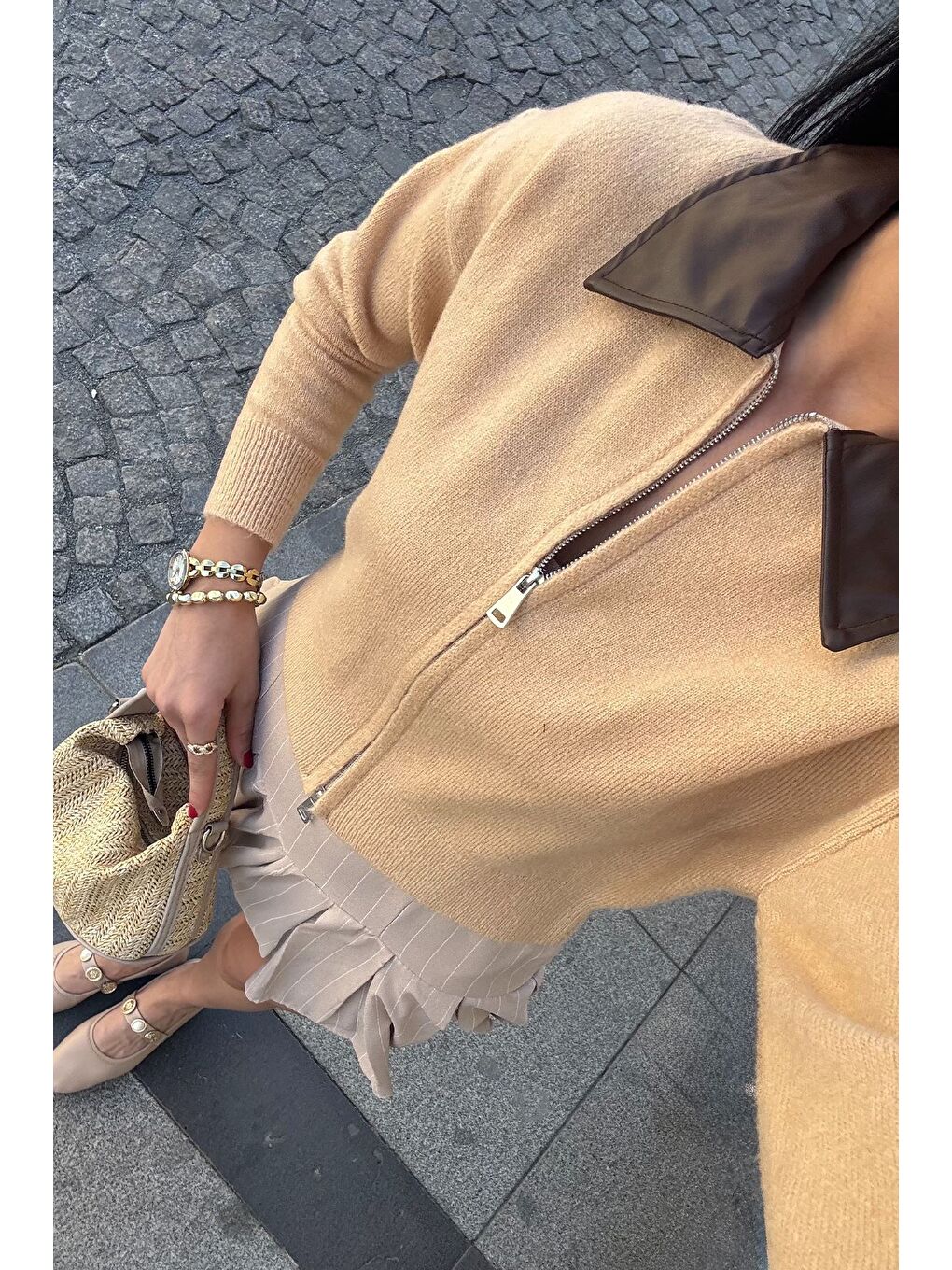 Bej Kadın Polo Yaka Deri Garnili Fermuarlı Triko Hırka (s-m-l Beden Uyumludur.)-4