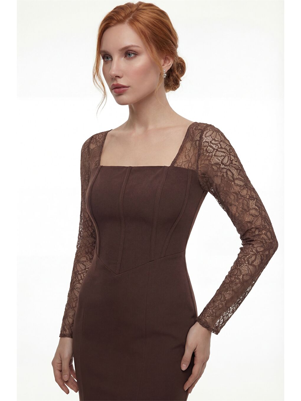 Kadın Kahverengi Kare Yaka Dantelli Uzun Balık Abiye Elbise-2