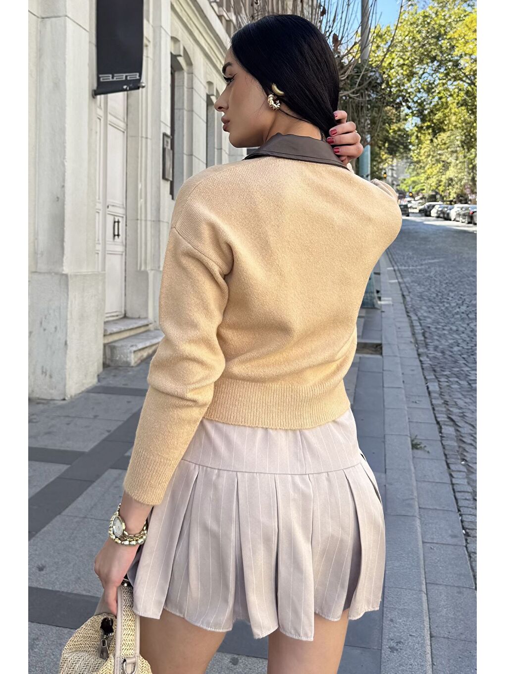 Bej Kadın Polo Yaka Deri Garnili Fermuarlı Triko Hırka (s-m-l Beden Uyumludur.)-5