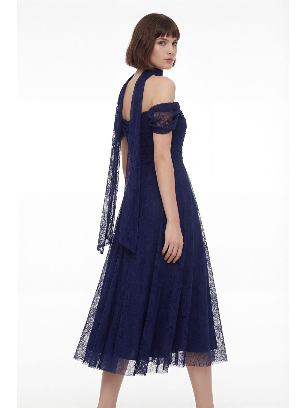 Kadın Lacivert Dar Kalıp Kayık Yaka Dantelli Midi Söz Nişan Nikah Abiye-4