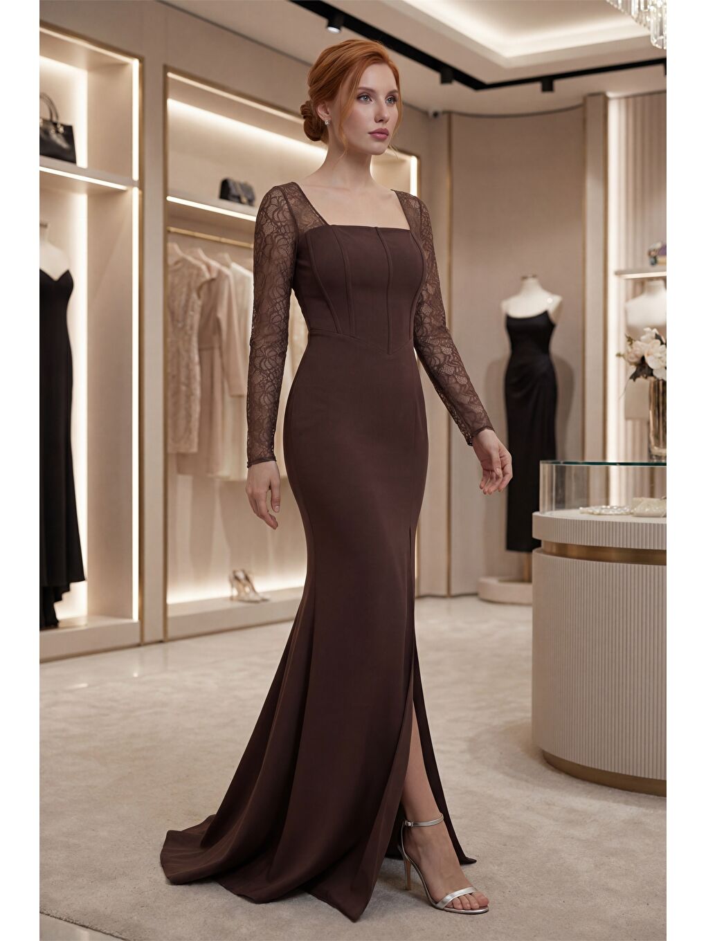 Kadın Kahverengi Kare Yaka Dantelli Uzun Balık Abiye Elbise-4
