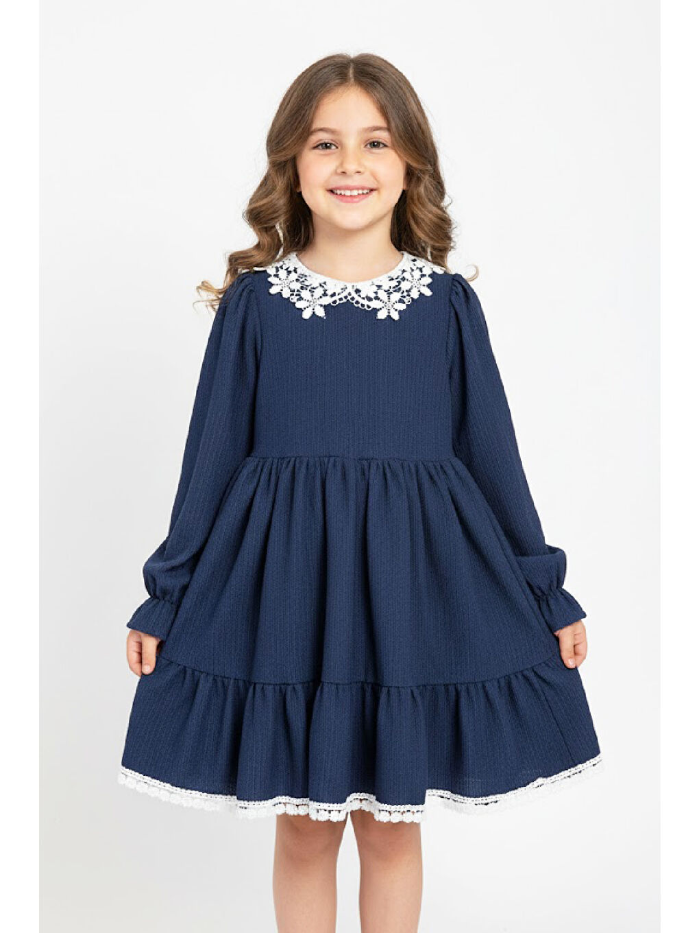 İndigo Kız Çocuk Elbise -Bürümcük Kumaş-Yaka ve Etek Uçları Nakış Detaylı 4-9 Yaş 12516