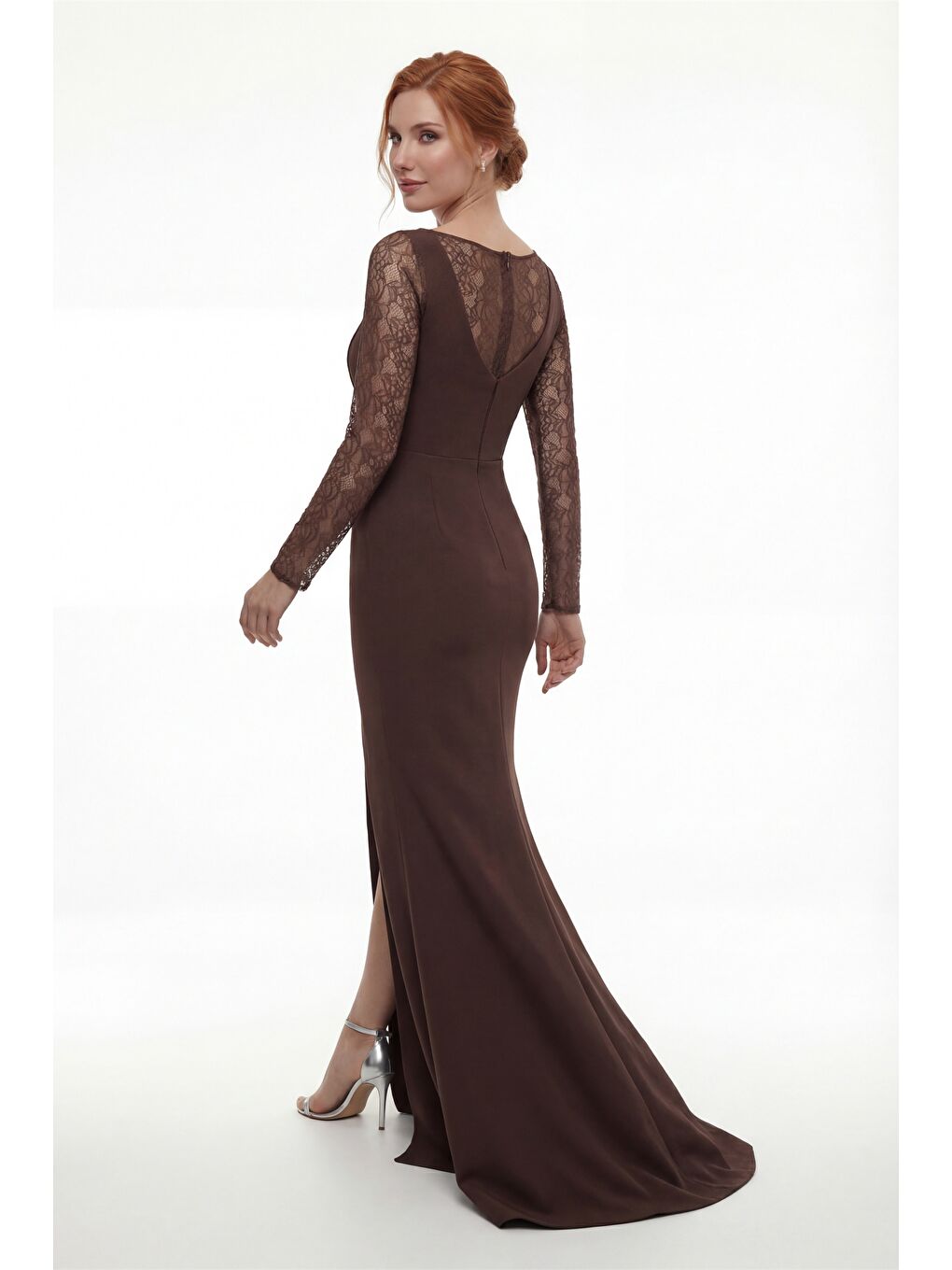 Kadın Kahverengi Kare Yaka Dantelli Uzun Balık Abiye Elbise-5