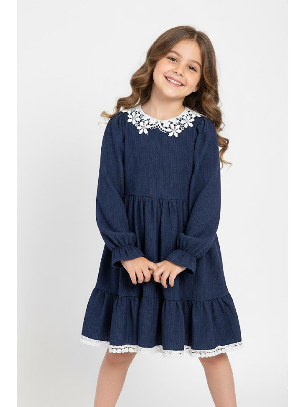 İndigo Kız Çocuk Elbise -Bürümcük Kumaş-Yaka ve Etek Uçları Nakış Detaylı 4-9 Yaş 12516-1